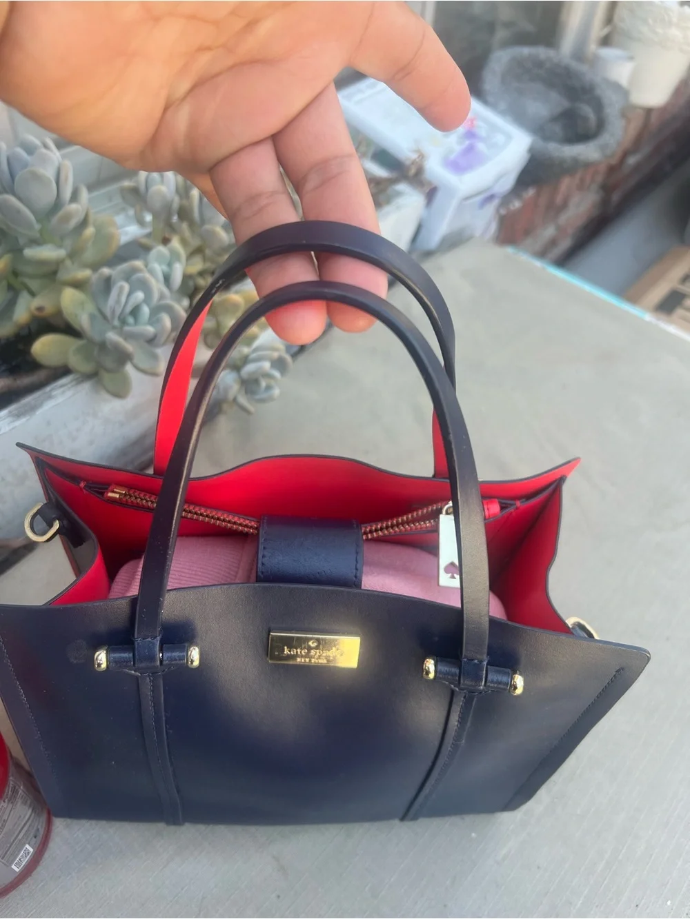 kate spade Navy tote with Pink handles and strap